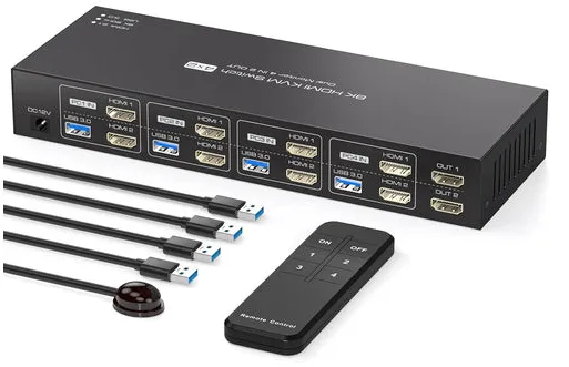 KVM 4x2 HDMI 2.1 Switch 4PC till Dual Monitor HDMI 8K60Hz med 1x3.5mm och 4xUSB-A