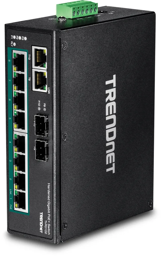 TI-PG102 - Switch - ohanterad - 8 x 10/100/1000 (PoE+) + 2 x kombinations-Gigabit SFP - DIN-skenmonterbar, väggmonterbar - PoE+ (240 W) - likström - TAA-kompatibel