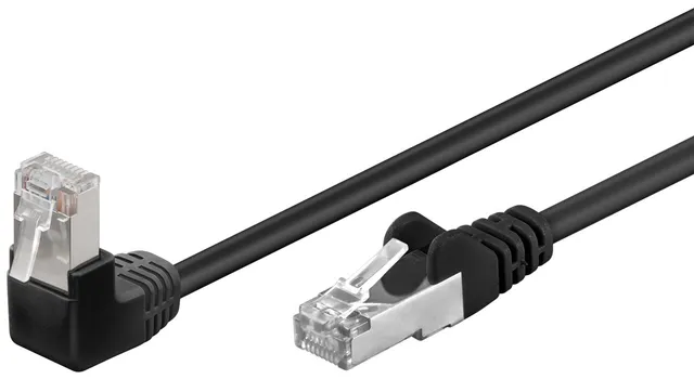 Patchkabel CAT 5e, 1x 90° vinklad, F/UTP, svart, 1 m kopparklädd aluminiumtråd (CCA), 1x RJ45-plugg 90 ° (8P8C)