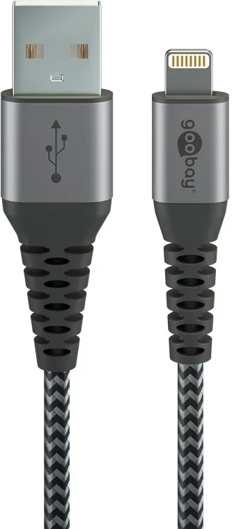 Lightning till USB-A-textilkabel med metallpluggar 2 m elegant och extra robust anslutningskabel för t.ex. Apple iPhone, iPad (Apple MFi certifierad)