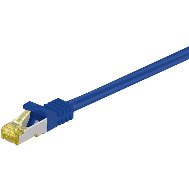 RJ45 patchkabel S/FTP (PiMF), 500 MHz, med CAT 7 råkabel, blå, 0,25 m LSZH halogenfri kabelhölje, koppar, RJ45-kontakt (CAT 6A)