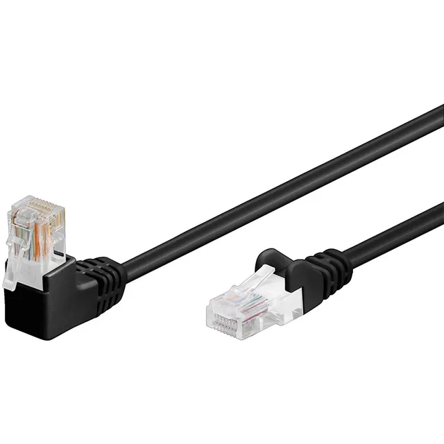 Patchkabel CAT 5e, 1x 90° vinklad, U/UTP, svart, 2 m kopparklädd aluminiumtråd (CCA), 1x RJ45-plugg 90 ° (8P8C)
