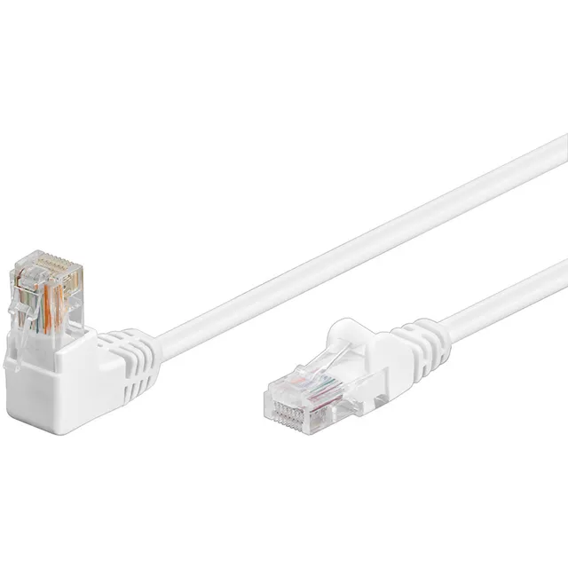 Patchkabel CAT 5e, 1x 90° vinklad, U/UTP, vit, 2 m kopparklädd aluminiumtråd (CCA), 1x RJ45-plugg 90 ° (8P8C)