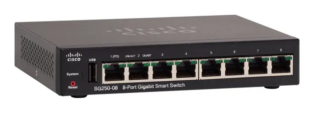 250 Series SG250-08 - Switch - L3 - smart - 8 x 10/100/1000 - skrivbordsmodell - återanvänd