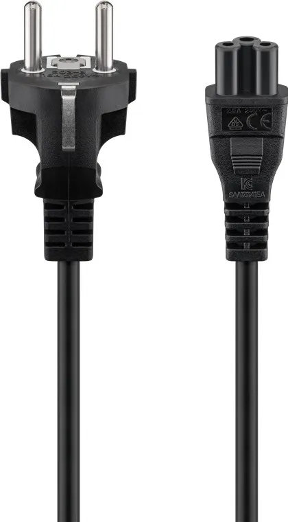 Kabel för nätanslutning (skyddskontakt), 1 m, svart Jordkontaktstift (typ F, CEE 7/7) > Uttag C5