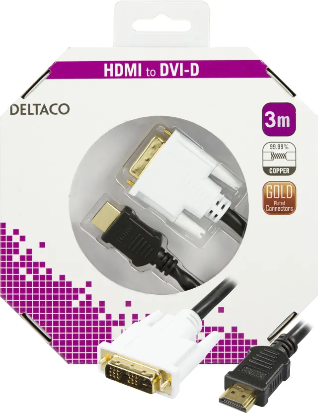 HDMI to DVI-cable, Full HD @60Hz, 19-pin male - DVI-D Single