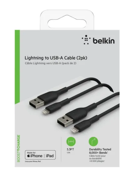 BoostCharge - Lightning-kabel - Lightning hane till USB hane - 1 m - svart (paket om 2)