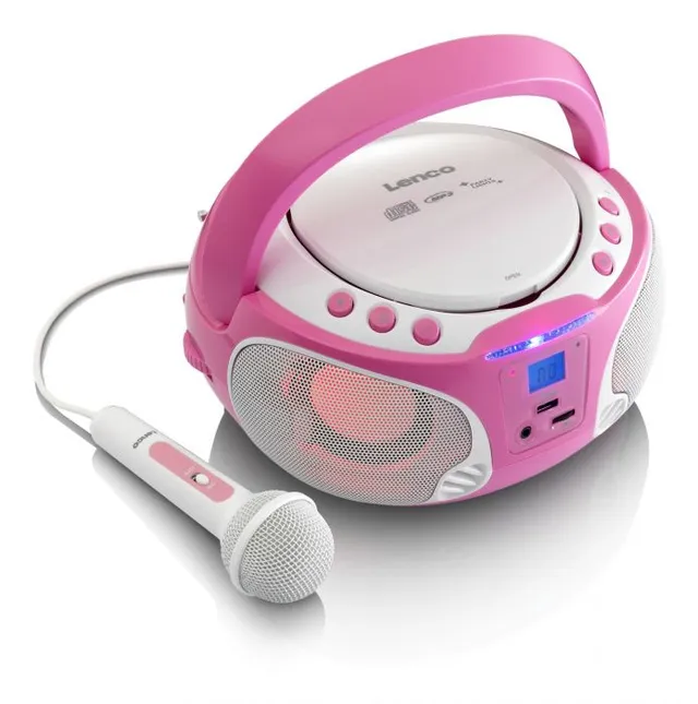 Bärbar FM-radio CD/MP3/USB Mikrofon och ljuseffekter Rosa