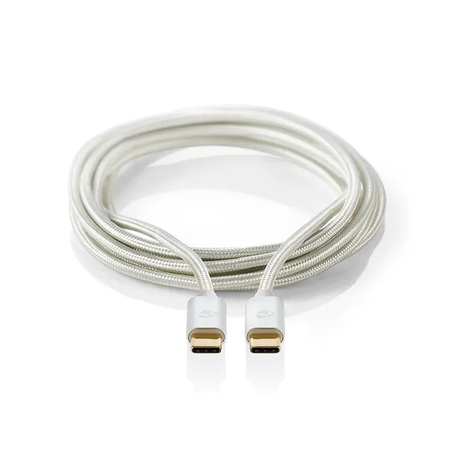 USB-kabel | USB 2.0 | USB-C™ Hane | USB-C™ Hane | 100 W | 480 Mbps | Guldplaterad | 1.00 m | Rund | Flätad / Nylon | Silver | Kartong med täckt fönster
