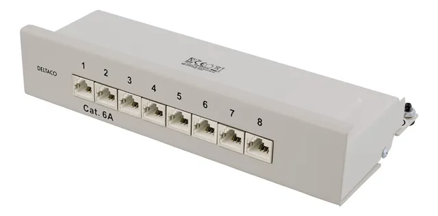 Patchpanel, 8xRJ45, Cat6a, väggmonterbar, 10Gbps, grå