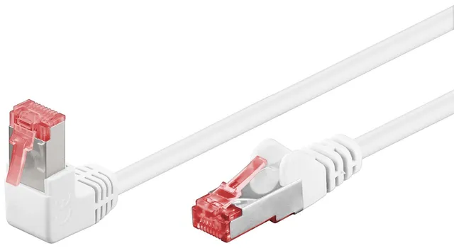 Patchkabel CAT 6, 1x 90° vinklad, S/FTP (PiMF), vit, 10 m kopparledare (CU), halogenfri kabelhölje (LSZH), snäpplås på toppen