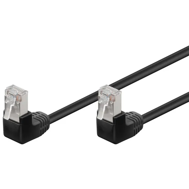Patchkabel CAT 5e, 2x 90° vinklad, F/UTP, svart, 0,5 m kopparklädd aluminiumtråd (CCA), 2x RJ45-plugg 90 ° (8P8C)