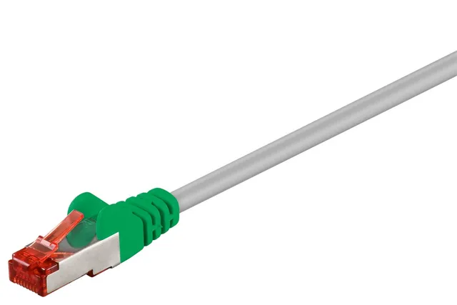 CAT 6 korsad patchkabel, S/FTP (PiMF), grå, grön, 2 m kopparledare (CU), halogenfri kabelhölje (LSZH)