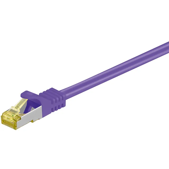 RJ45 patchkabel S/FTP (PiMF), 500 MHz, med CAT 7 råkabel, violett, 15 m LSZH halogenfri kabelhölje, koppar, RJ45-kontakt (CAT 6A)