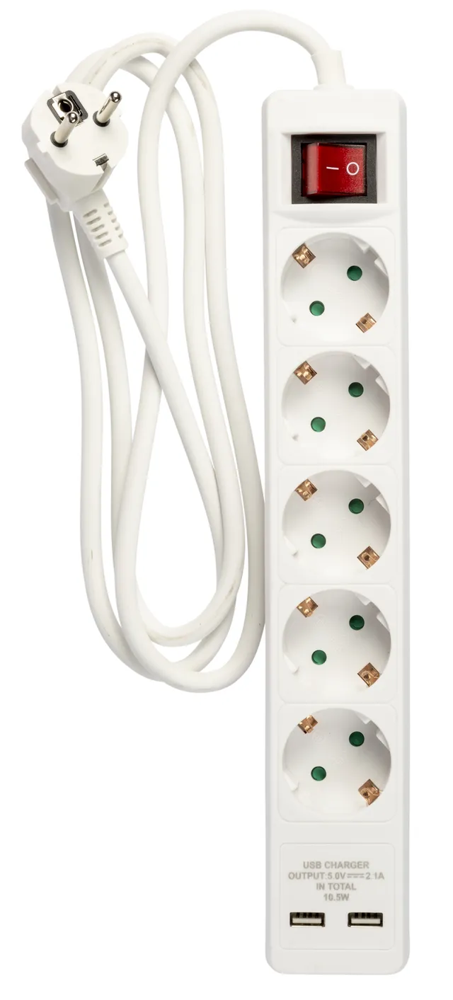 Quality 5-vägskontakt jordad, 2xUSB-A (3x1,5mm²), 1,5m