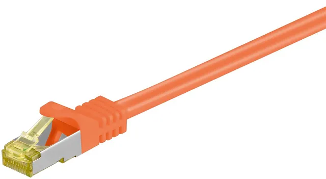 RJ45 patchkabel S/FTP (PiMF), 500 MHz, med CAT 7 råkabel, orange, 2 m LSZH halogenfri kabelhölje, koppar, RJ45-kontakt (CAT 6A)