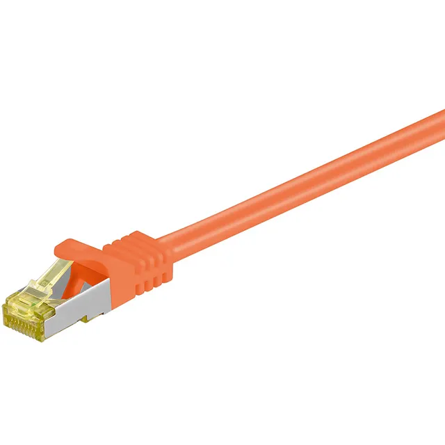RJ45 patchkabel S/FTP (PiMF), 500 MHz, med CAT 7 råkabel, orange, 0,5 m LSZH halogenfri kabelhölje, koppar, RJ45-kontakt (CAT 6A)