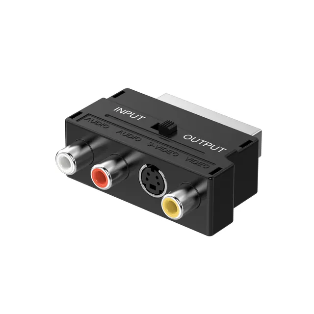Sinox Scart adapter med switch. Svart, Scart (21-pin), 3 x RCA + S-Video, Hankoppling, Honkoppling, Rak, Rak