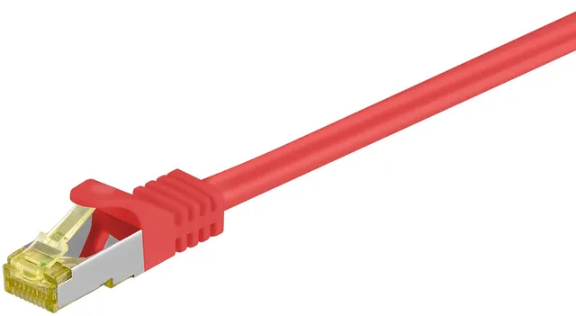 RJ45 patchkabel S/FTP (PiMF), 500 MHz, med CAT 7 råkabel, röd, 2 m LSZH halogenfri kabelhölje, koppar, RJ45-kontakt (CAT 6A)