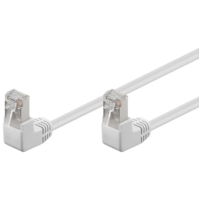 Patchkabel CAT 5e, 2x 90° vinklad, F/UTP, vit, 1 m kopparklädd aluminiumtråd (CCA), 2x RJ45-plugg 90 ° (8P8C)