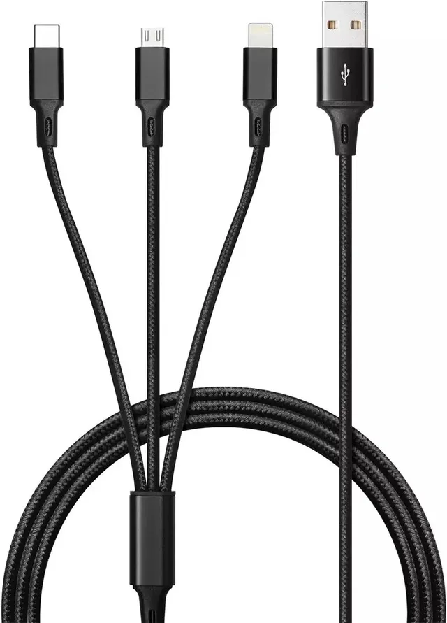 3 in 1 Flätad USB Kabel 1M 2,4A - Svart